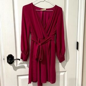 Ricarica Fuchsia Pink Chiffon Long Sleeve Faux Wrap Dress